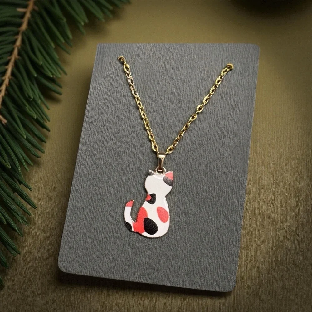 Handmade Calico Cat Pendant Charm Necklace - 18 Inch, Gold Plated Chain